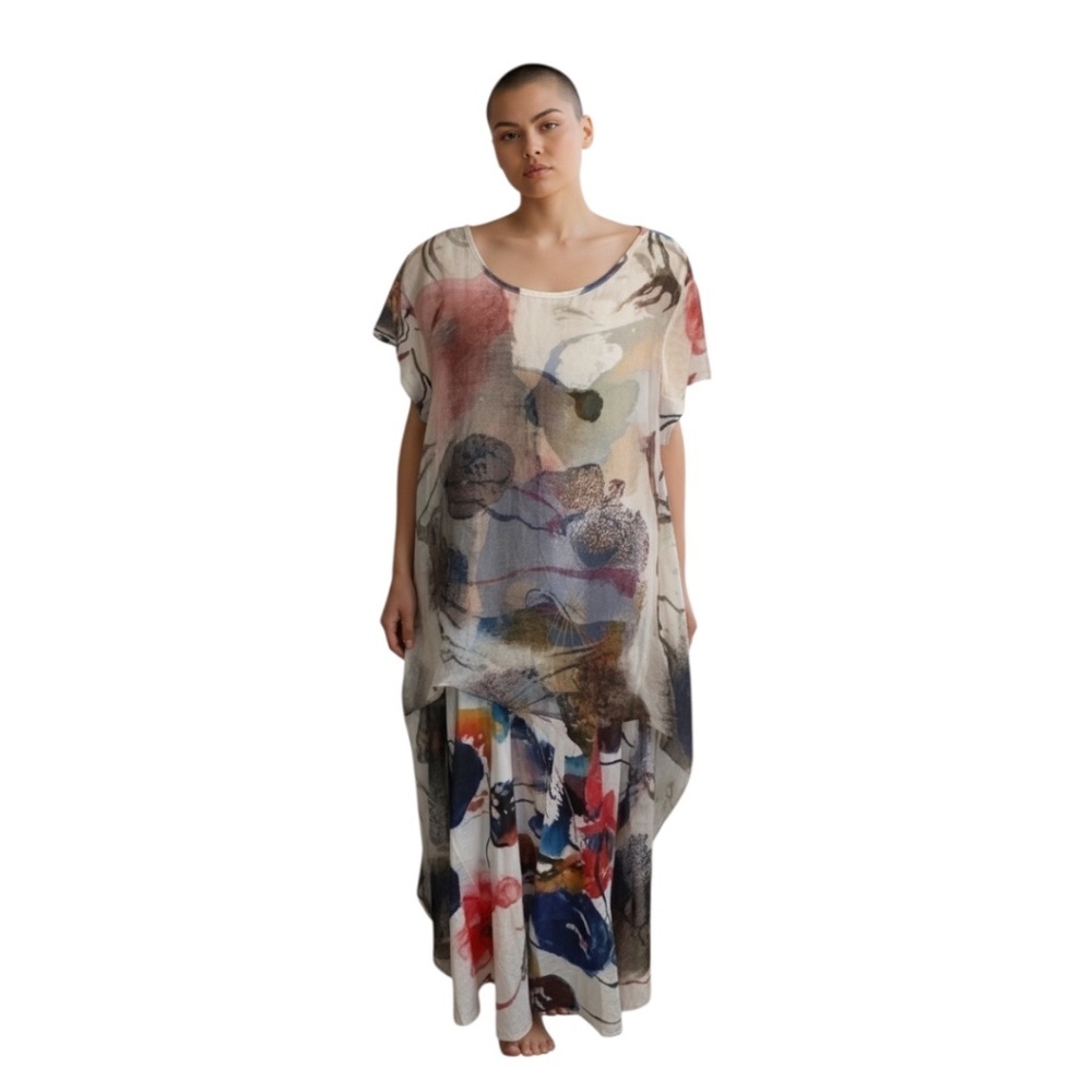 Miss Miss By Valentina women's maxi multicolor sheer overlay abstract dress.